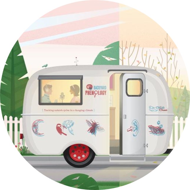 Illustration of a mobile camper with people inside