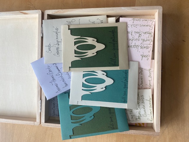 Box containing paper envelopes, three of which have strongly contrasting designs made with cutout paper