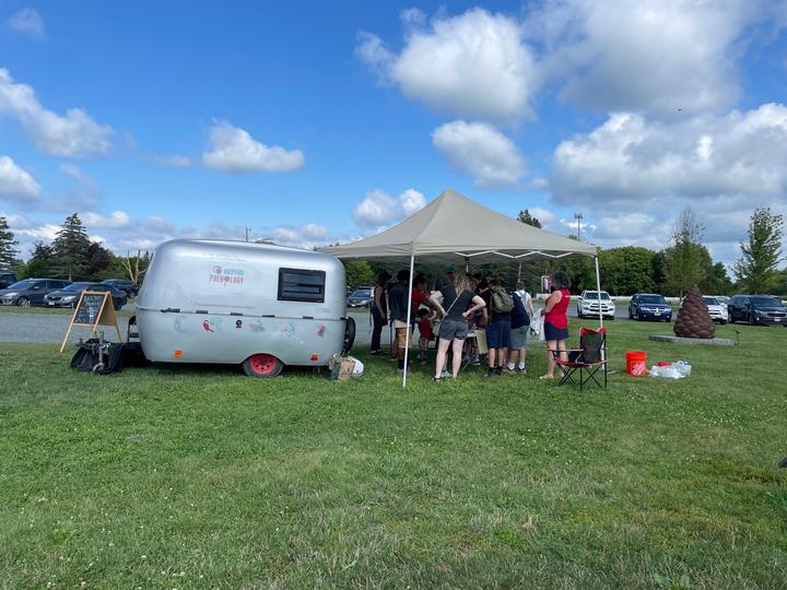People gather around a silver camper in a summer outdoor scene