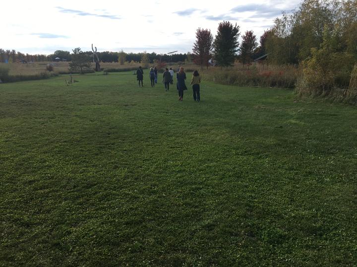 Eight people walking into the distance in an autumn landscape. The sun is low and the grass is green.