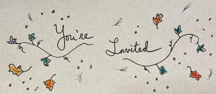 Hand-penned and hand-colored invitation reads "You're Invited" embellished with flowing stems, leaves, and seeds
