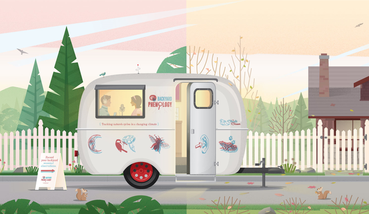 An illustration of the Climate Chaser trailer, set up outdoors in a residential area with an open door and a welcoming sign